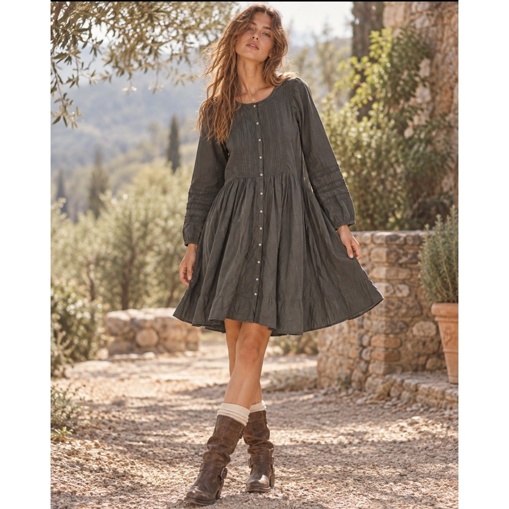 Free People Dress Medium Cotton Button Mini Pockets Boho Cottagecore Prairie